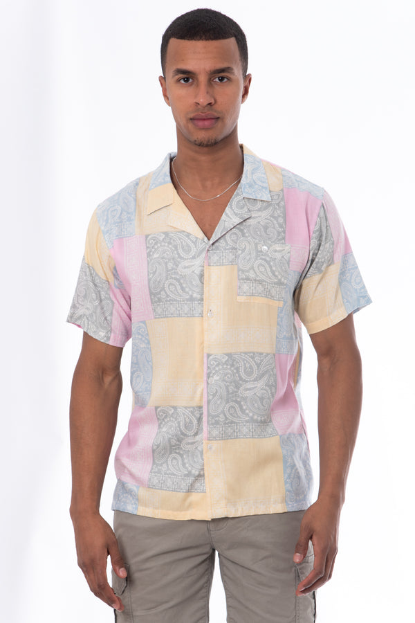 soulstar Men's Patchwork Print Short Sleeved Shirt lilac
