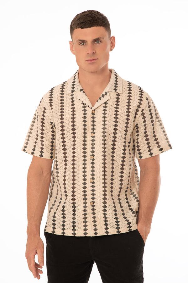 soulstar Men's Retro Diamond Pattern Short Sleeved Shirt Russet Orange