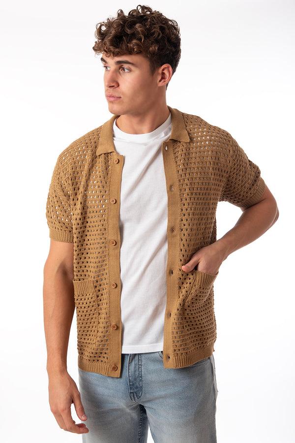 soulstar Men's Short Sleeve Button-Up Knit Shirt Black