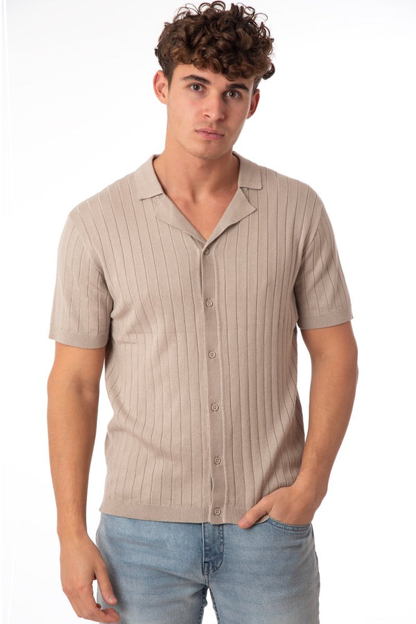 soulstar Men's Short Sleeve Full-Button Knit Shirt Ecru
