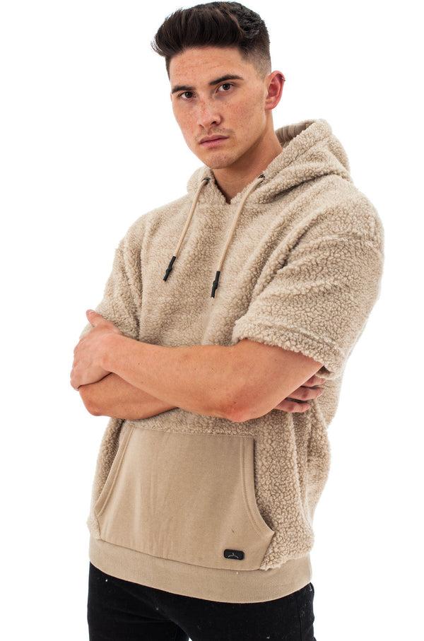 Soulstar Men's Short Sleeve Teddy Fleece Hoodie Beige