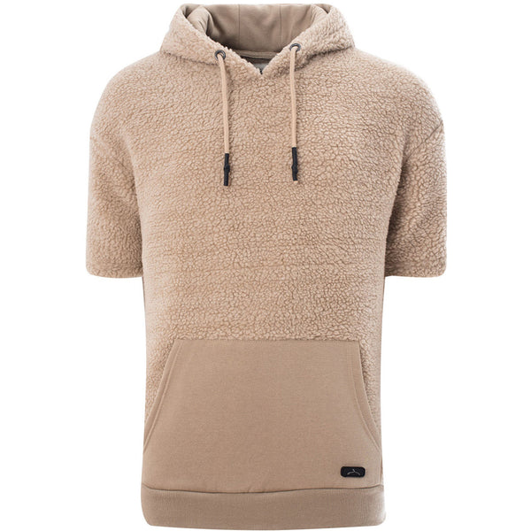 Soulstar Men's Short Sleeve Teddy Fleece Hoodie Beige
