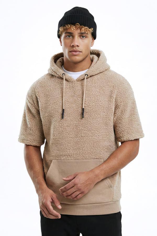 soulstar Men's Short Sleeve Teddy Fleece Hoodie Beige