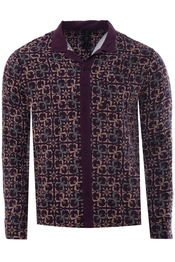 Soulstar Men's Slim Fit Reverse Collar Print Shirt Plum