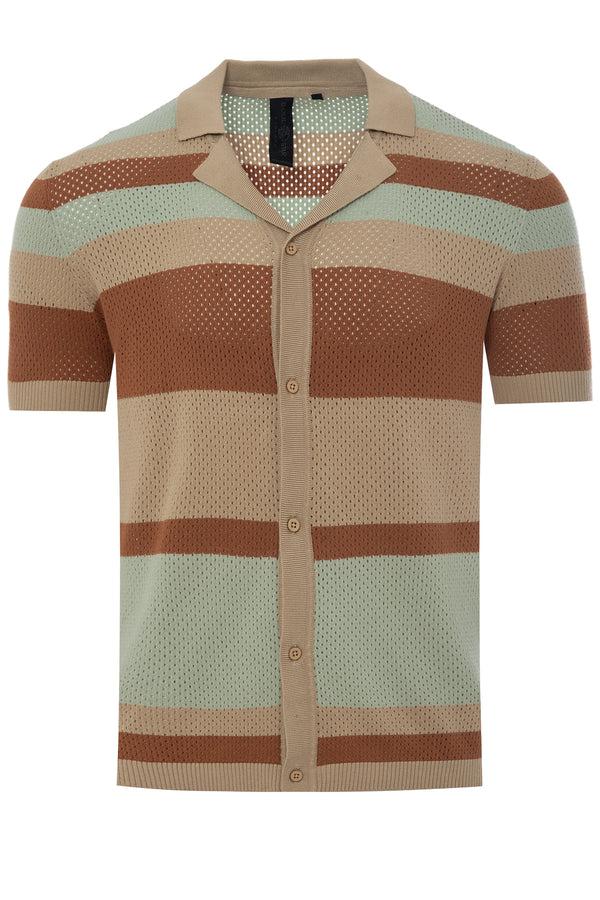 Soulstar Men's Striped Full-Button Knit Cardigan Beige