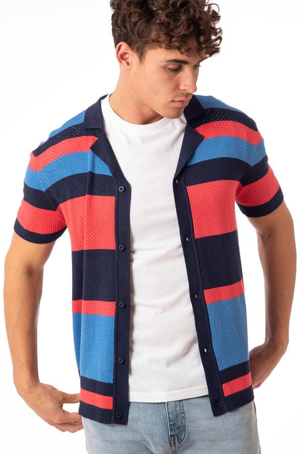 soulstar Men's Striped Full-Button Knit Cardigan Beige