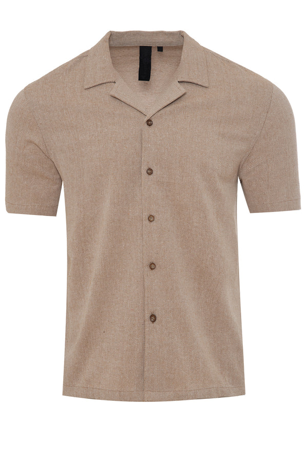 Soulstar Men's Textured Revere Collar Short Sleeve Shirt Beige