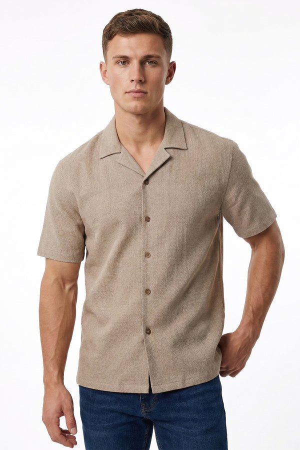 soulstar Men's Textured Revere Collar Short Sleeve Shirt Beige