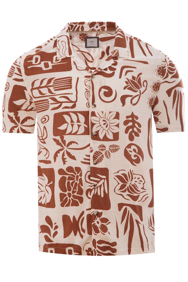 soulstar Men's Tropical Tile Print Viscose Revere Shirt Black