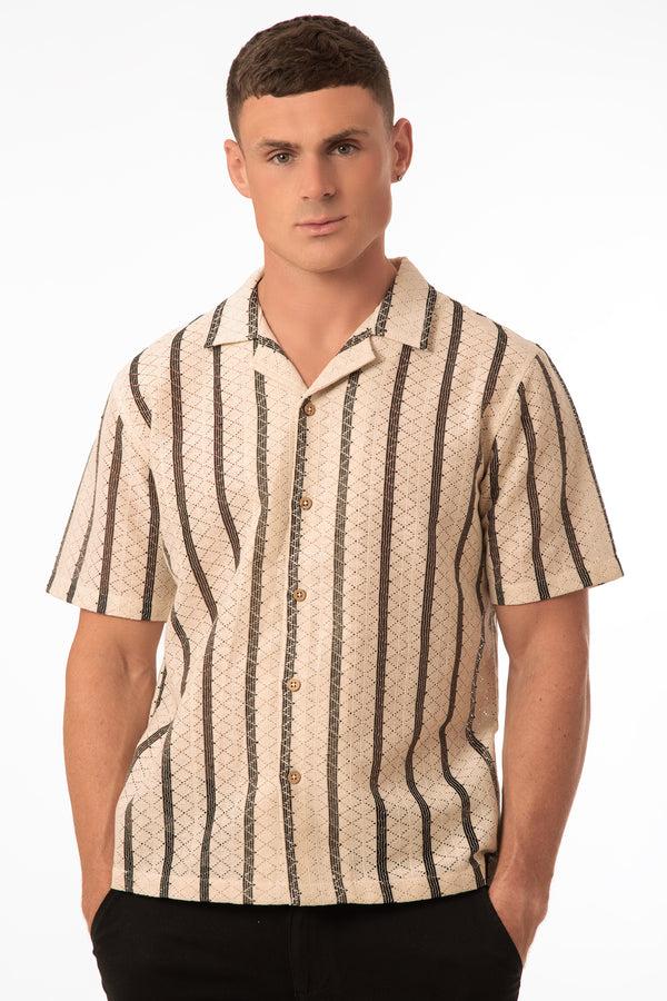 soulstar Men's Vertical Stripe Knit Texture Polo Shirt Black