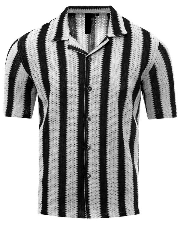 Soulstar Men's Vertical Stripe Knit Texture Short Sleeve Shirt Plum