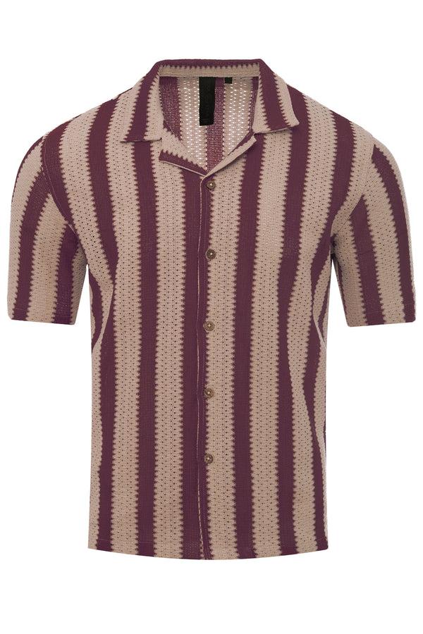 Soulstar Men's Vertical Stripe Knit Texture Short Sleeve Shirt Plum