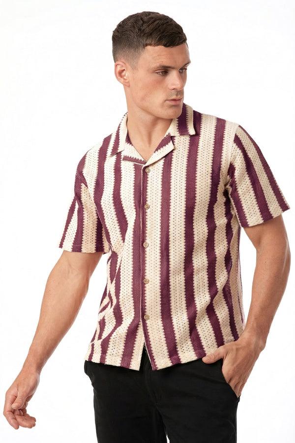 Soulstar Men's Vertical Stripe Knit Texture Short Sleeve Shirt Plum