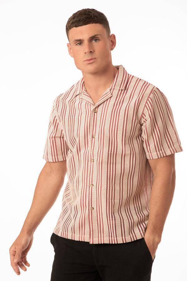 Soulstar Men's Vertical Stripe Textured Short Sleeve Shirt Red