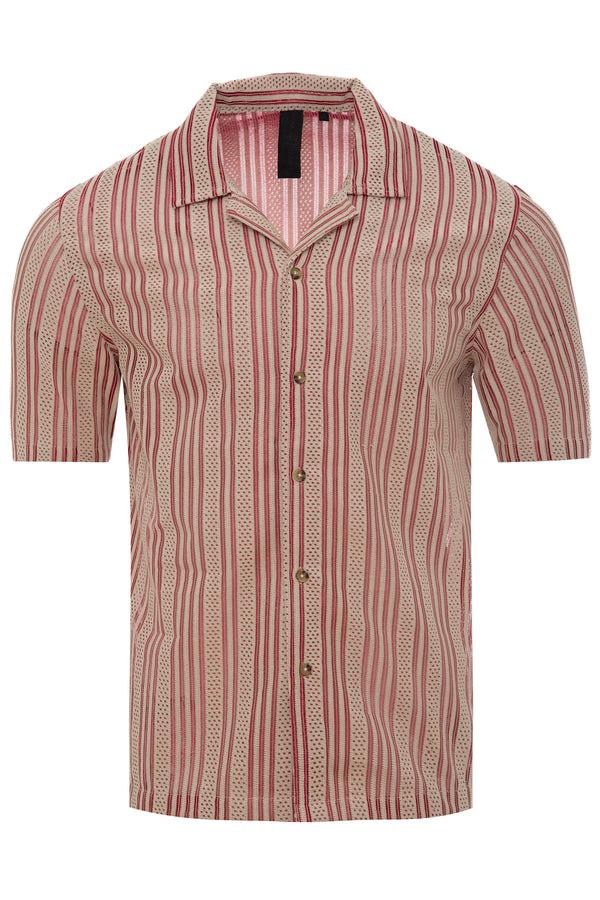 Soulstar Men's Vertical Stripe Textured Short Sleeve Shirt Red