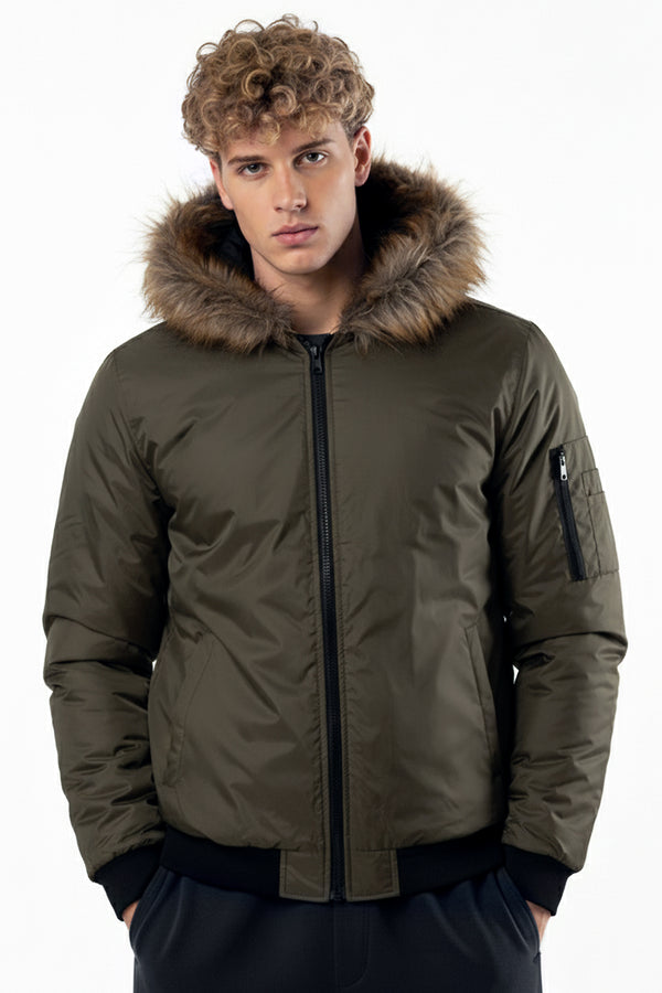 soulstar Men's Fur Hooded Jacket Black