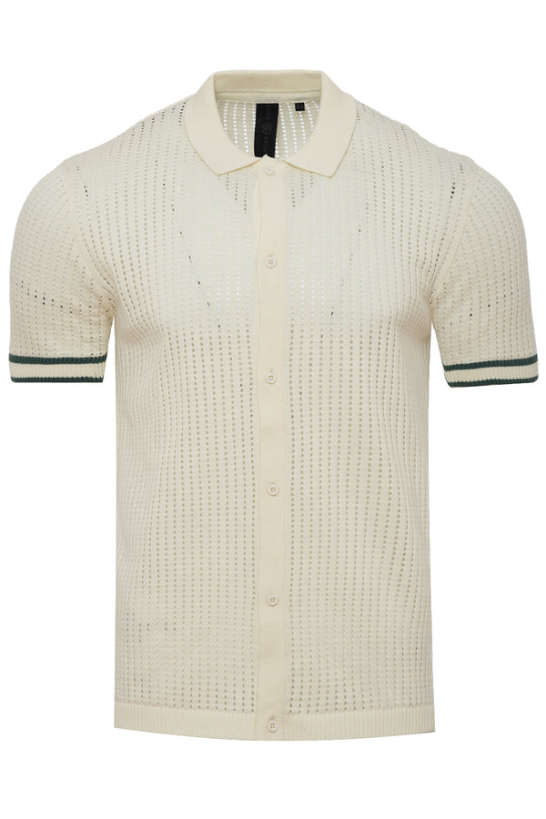 Soulstar Men's Open-Knit Short Sleeve Polo Ecru