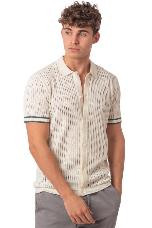 soulstar Men's Open-Knit Short Sleeve Polo Ecru