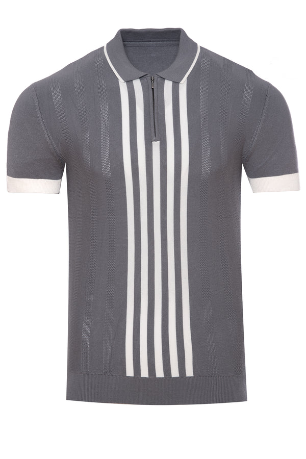 Soulstar Men's Short Sleeve Zip Knit Polo Grey