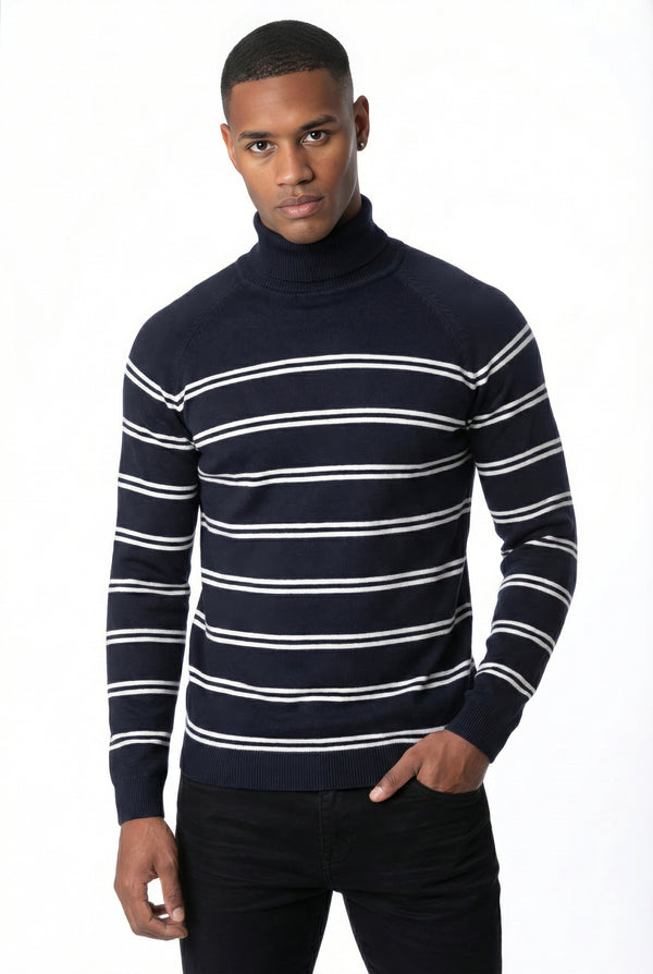 Soulstar Men's Striped Roll Neck Knit Sweater Navy