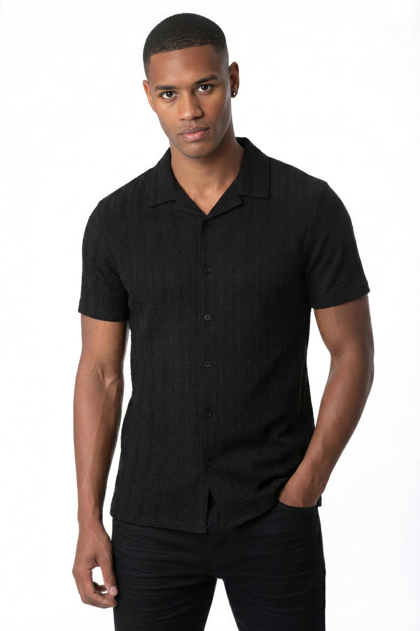 Soulstar Men's Textured Stripe Collar Shirt Black