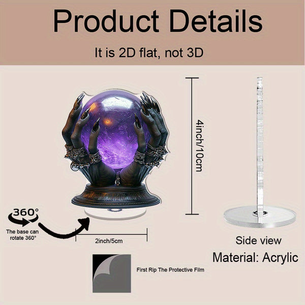 Sourpuss Clothing 2D Flat 1pc 2D Flat Rotating Acrylic Desktop Ornament - Witch Hands With Mystical Purple Crystal Ball 360° Spin Gothic Decor For Halloween & Office No Electricity Needed Spooky Room Accent Intricate Design Det