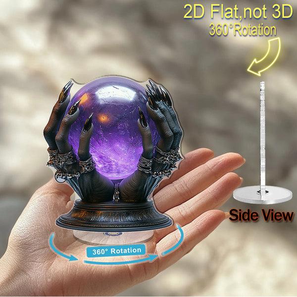 Sourpuss Clothing 2D Flat 1pc 2D Flat Rotating Acrylic Desktop Ornament - Witch Hands With Mystical Purple Crystal Ball 360° Spin Gothic Decor For Halloween & Office No Electricity Needed Spooky Room Accent Intricate Design Det