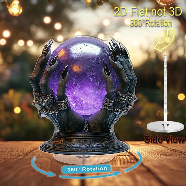 Sourpuss Clothing 2D Flat 1pc 2D Flat Rotating Acrylic Desktop Ornament - Witch Hands With Mystical Purple Crystal Ball 360° Spin Gothic Decor For Halloween & Office No Electricity Needed Spooky Room Accent Intricate Design Det