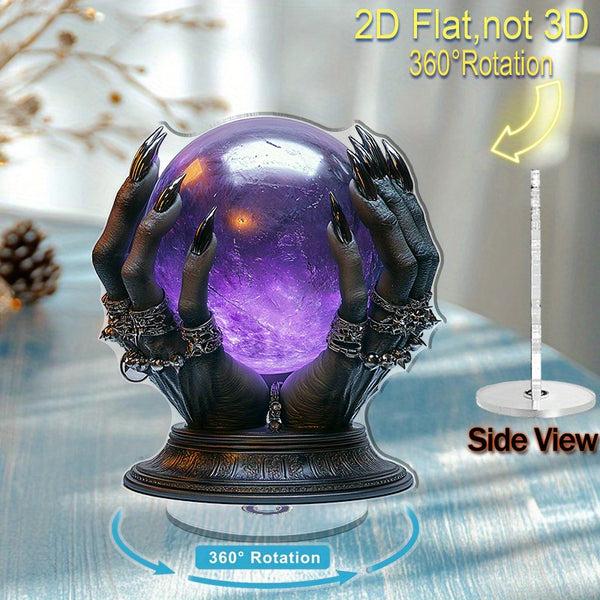 sourpuss clothing 2D Flat 1pc 2D Flat Rotating Acrylic Desktop Ornament - Witch Hands with Mystical Purple Crystal Ball 360° Spin Gothic Decor for Halloween & Office No Electricity Needed Spooky Room Accent Intricate Design Det