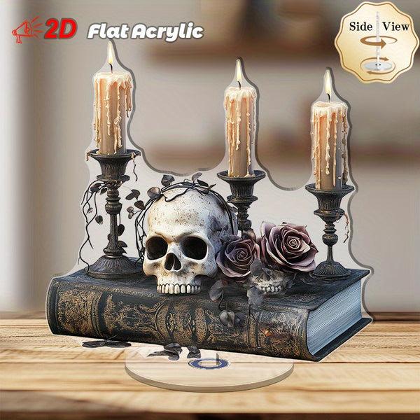Sourpuss Clothing 2D Flat 1pc Gothic Skull & Roses Rotating Acrylic Desktop Decor With Candles - 2D Flat Spooky Halloween Decoration For Home Office Creative Spaces Relaxation Areas - No Electricity Needed Halloween Home Decor M