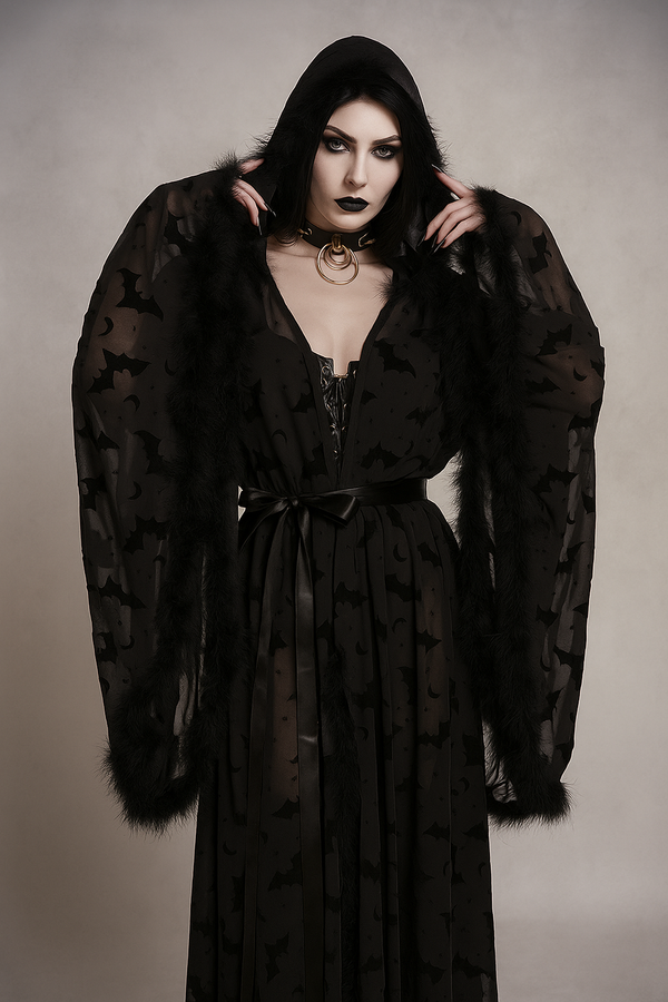 Sourpuss Clothing Bat Veil Gothic Sheer Cloak With Dark Floral Velvet Cape Top