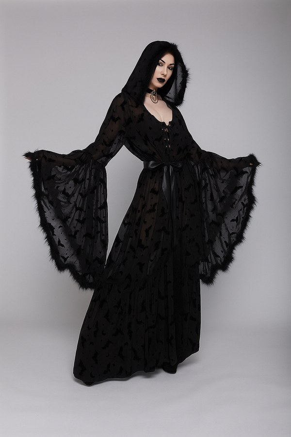 Sourpuss Clothing Bat Veil Gothic Sheer Cloak With Dark Floral Velvet Cape Top