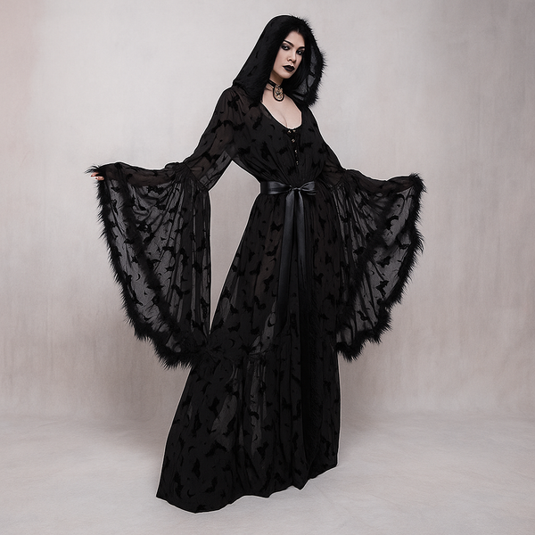 sourpuss clothing Bat Veil Gothic Sheer Cloak with Dark Floral Velvet Cape Top