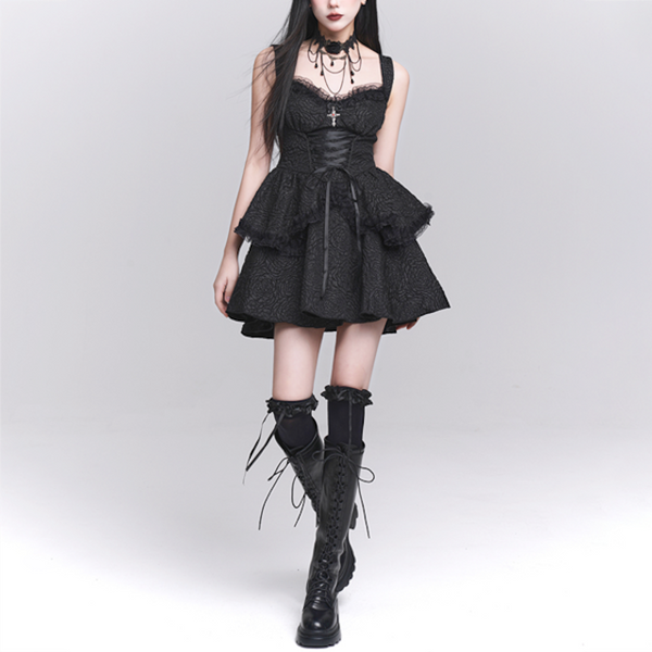Sourpuss Clothing Black Lace-Up Flared Gothic Dress