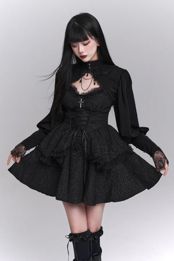 Sourpuss Clothing Black Lace-Up Flared Gothic Dress