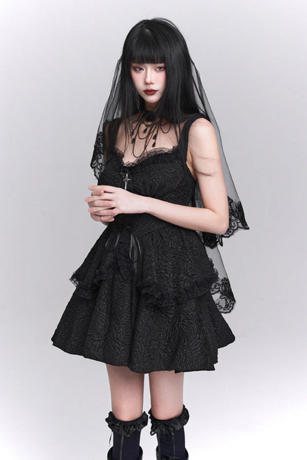 sourpuss clothing Black Lace-Up Flared Gothic Dress