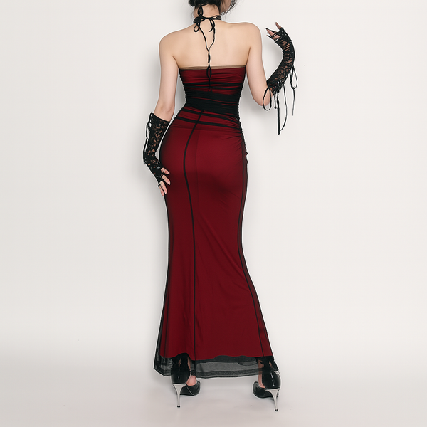 Sourpuss Clothing Black Red Halter Neck Mesh Dress For Gothic Fashion