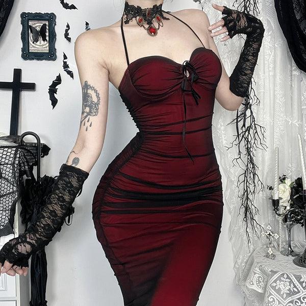 Sourpuss Clothing Black Red Halter Neck Mesh Dress For Gothic Fashion