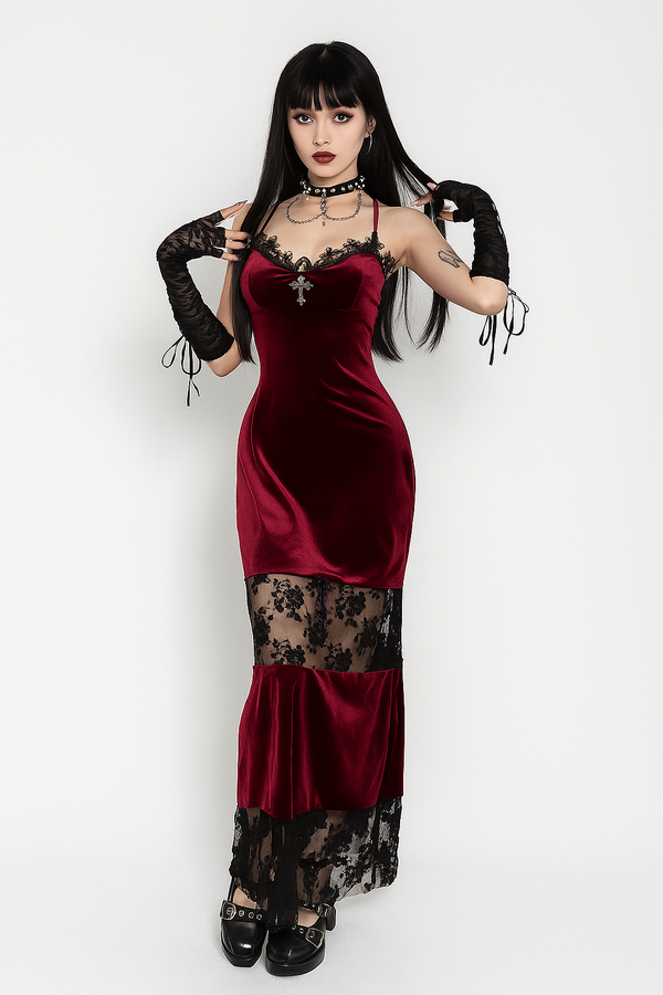 Sourpuss Clothing Crimson Lace Siren Dress – Dark Floral Gothic Bodycon Gown