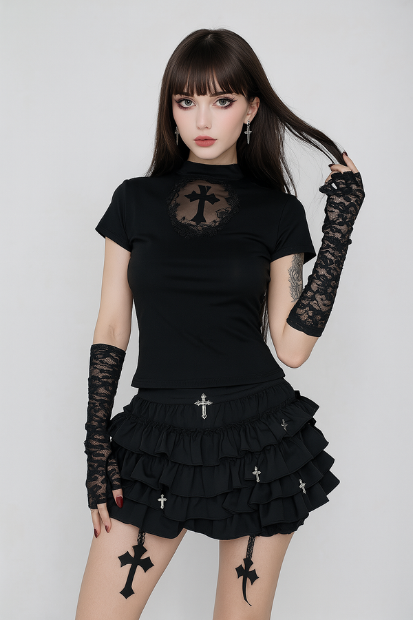 Sourpuss Clothing Cross Embellished Ruffle Skirt For Dark Romantic Style