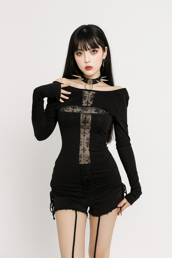 Sourpuss Clothing Cross Panel Gothic Top With Lace Accents