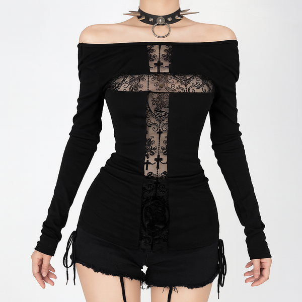 sourpuss clothing Cross Panel Gothic Top with Lace Accents