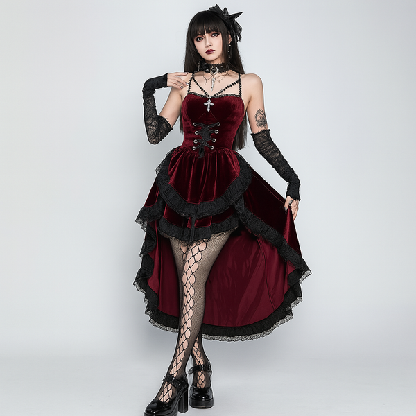 sourpuss clothing Dark Siren High-Low Dress with Lace-Up Bodice