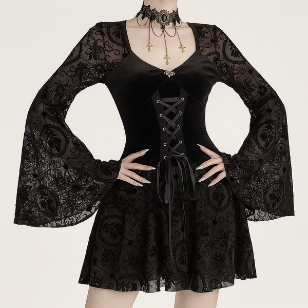 Sourpuss Clothing Elegant Gothic Velvet Floral Dress With Lace-Up Detail