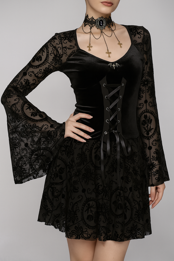Sourpuss Clothing Elegant Gothic Velvet Floral Dress With Lace-Up Detail