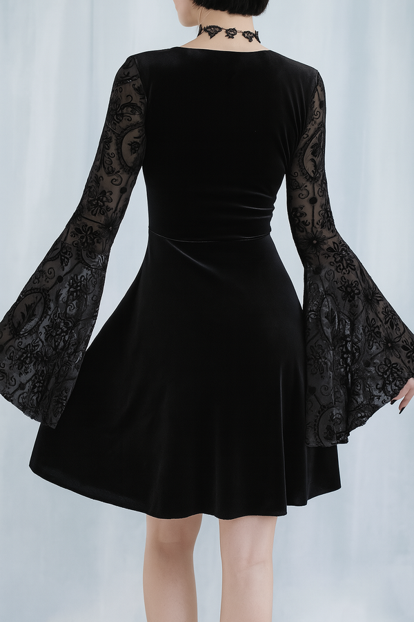 Sourpuss Clothing Elegant Gothic Velvet Floral Dress With Lace-Up Detail