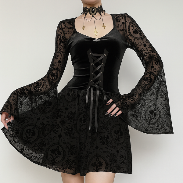 sourpuss clothing Elegant Gothic Velvet Floral Dress with Lace-Up Detail