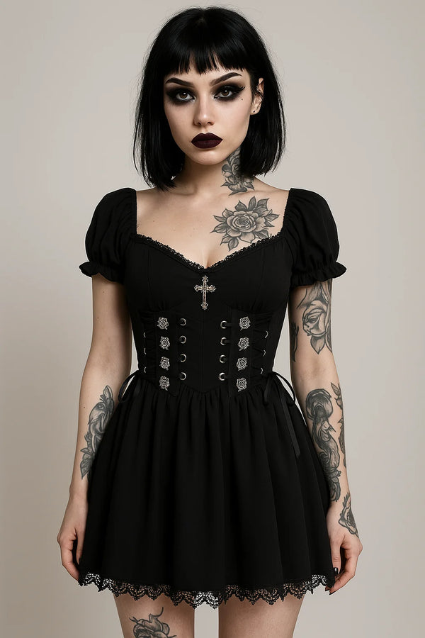 Sourpuss Clothing Enchanting Gothic Dress With Intricate Lace And Corset Detail