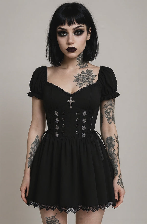 sourpuss clothing Enchanting Gothic Dress with Intricate Lace and Corset Detail