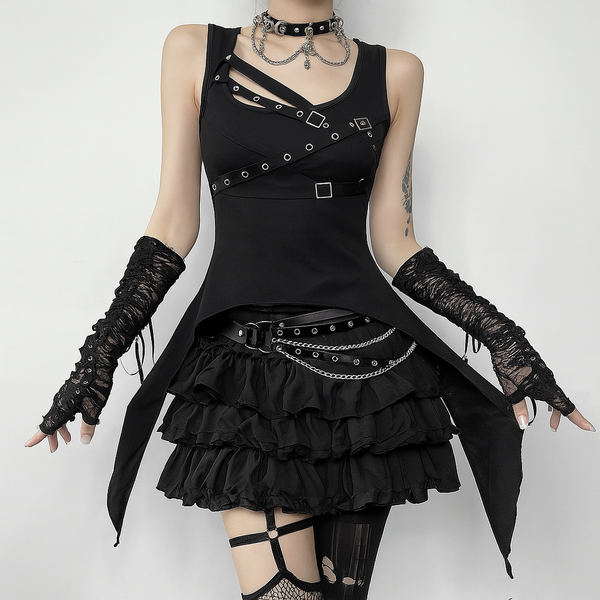 Sourpuss Clothing Gothic Asymmetrical Grommet Top For Alternative Fashion